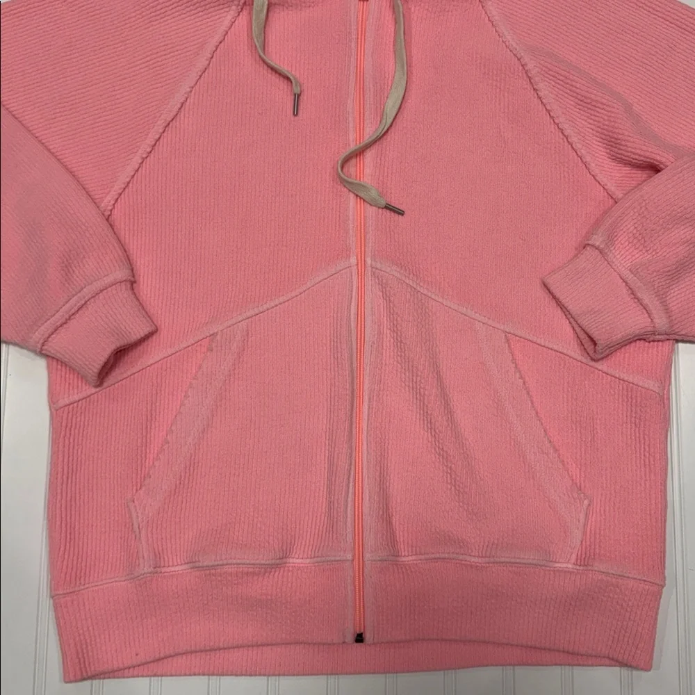 AERIE WOMEN PINK RIBBED LONG SLEEVE ZIP UP HOODIE JACKET WITH POCKETS SIZE SMALL